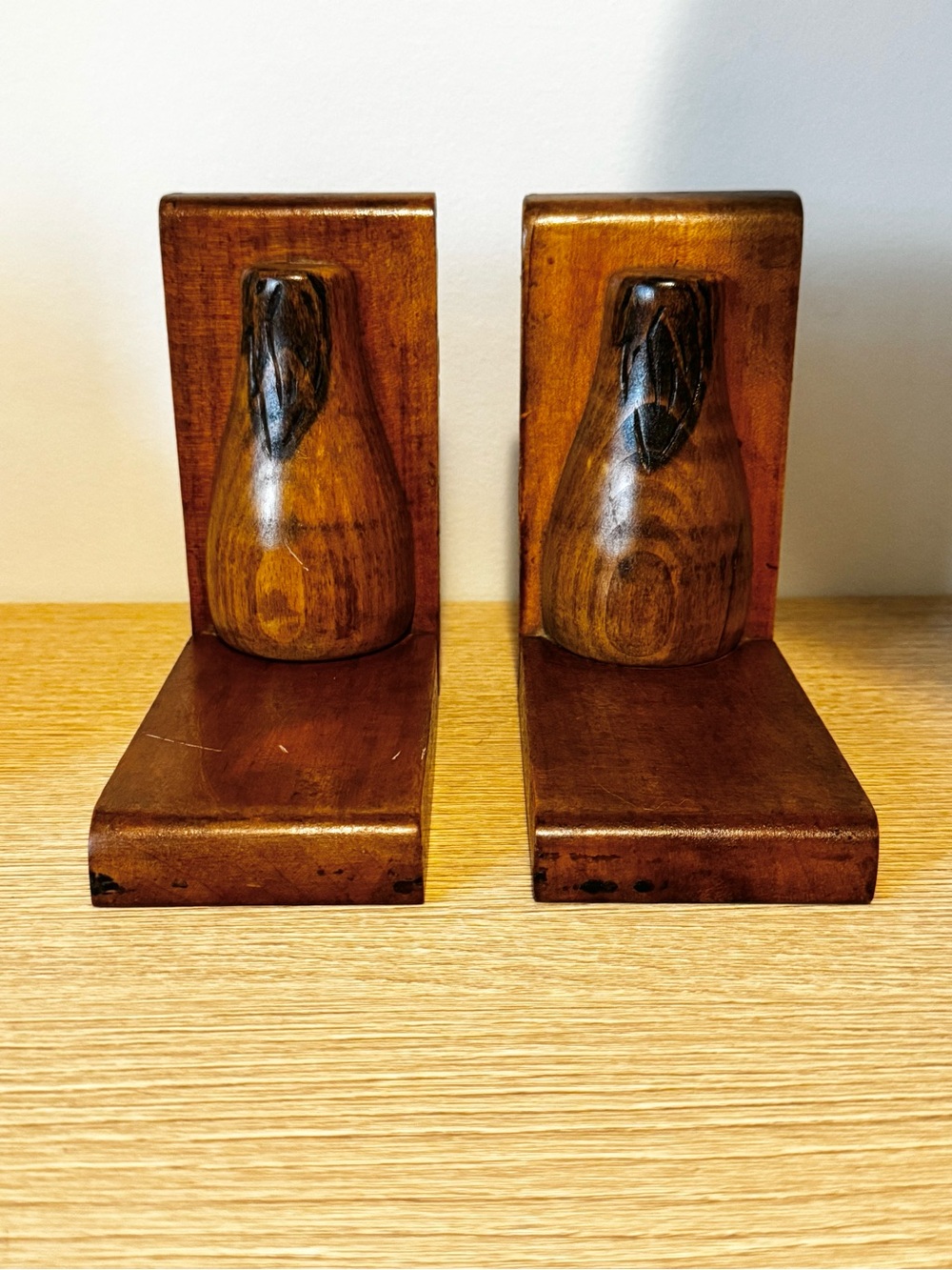 Vintage Carved Wood Bookends - Brown